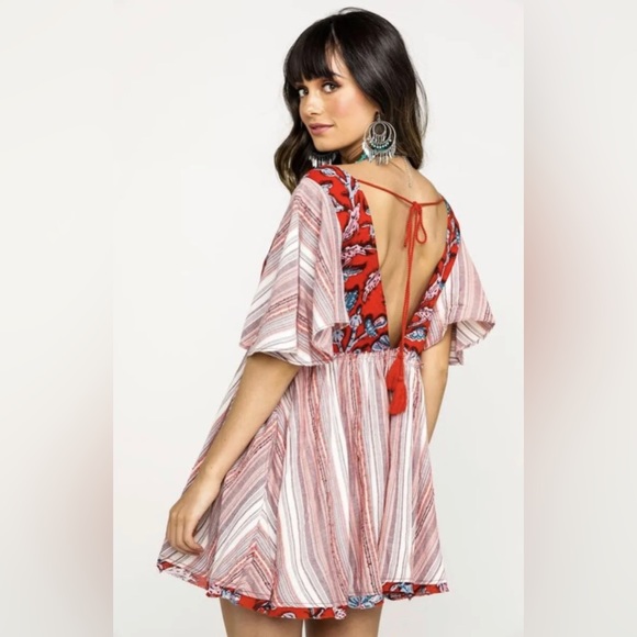 Free People Mini Dress Red Babydoll Swing Bottom Tunic Stripe Floral S NEW - Picture 2 of 2